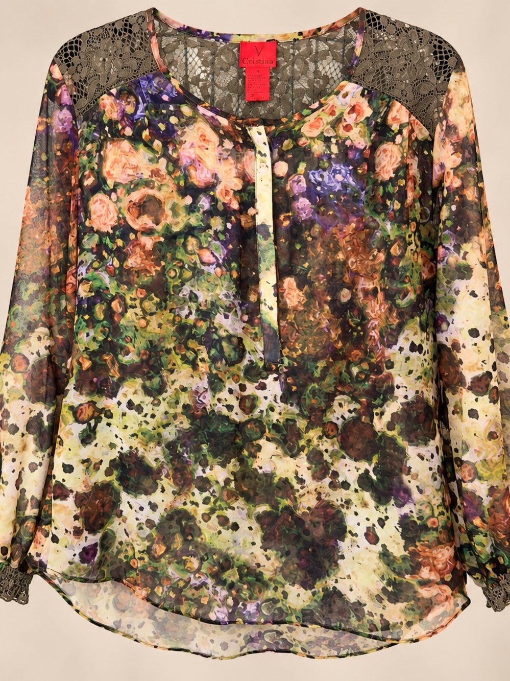 Christina Olive Floral Henley Blouse Size M